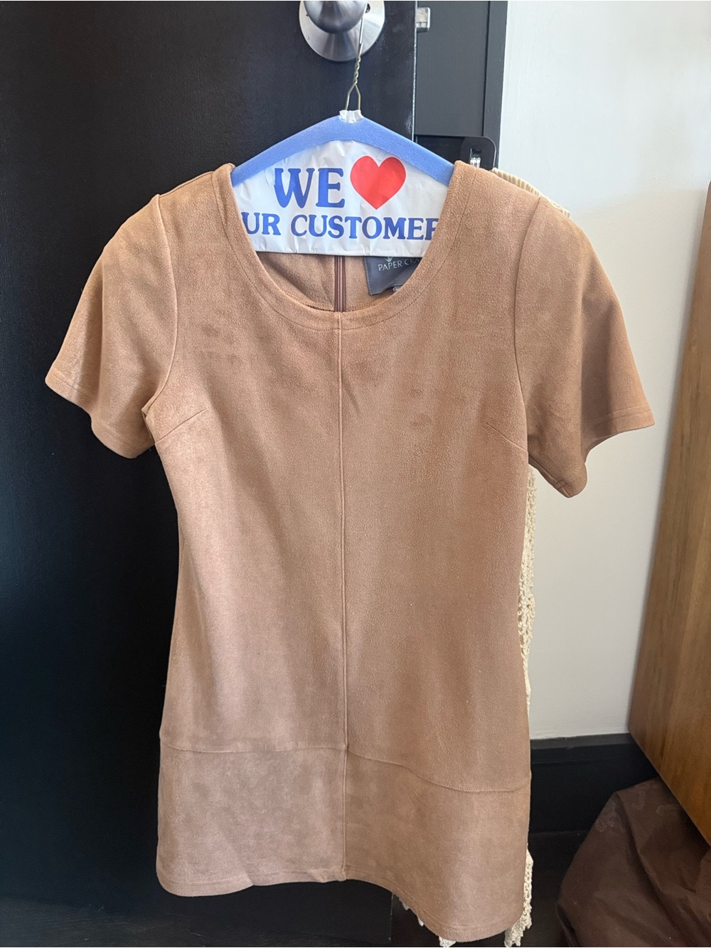 Paper Crane Tan Short Sleeve Suede-Look dress